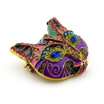 Küçük Boy Kedi Maskesi Renkli Zirkon Taşlı Yaka İğnesi Broş RZ256