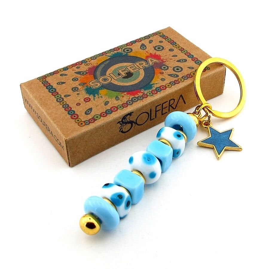 Hakiki Murano Cam Nazar Boncuklu Çanta Süsü Yıldız Charm Anahtarlık KY065