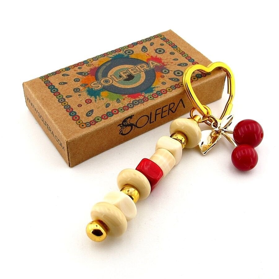 Orjinal Murano Cam Boncuklu Çanta Süsü Kiraz Charm Anahtarlık KY069