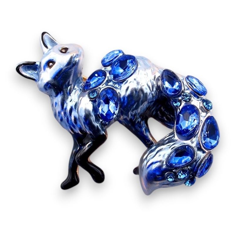 Mavi Gri Masalsı Tilki Mor Zirkon Taşlı Hayvan Doğa Temalı Broş RZ265