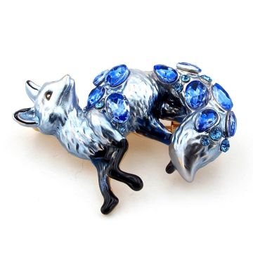 Mavi Gri Masalsı Tilki Mor Zirkon Taşlı Hayvan Doğa Temalı Broş RZ265