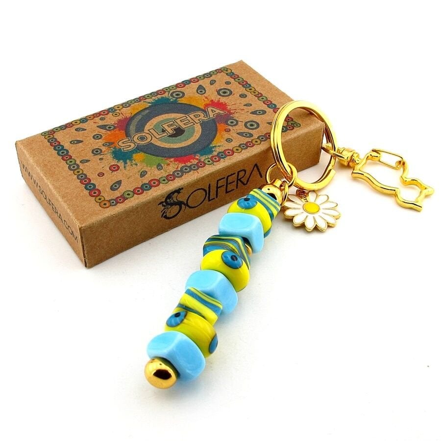 Sarı Mavi Murano Cam Nazar Boncuklu Çanta Süsü Papatya Charm Anahtarlık KY073
