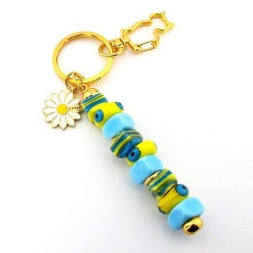 Sarı Mavi Murano Cam Nazar Boncuklu Çanta Süsü Papatya Charm Anahtarlık KY073