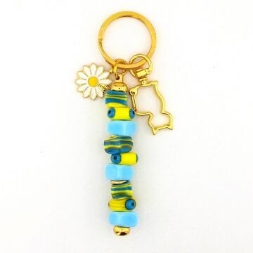 Sarı Mavi Murano Cam Nazar Boncuklu Çanta Süsü Papatya Charm Anahtarlık KY073