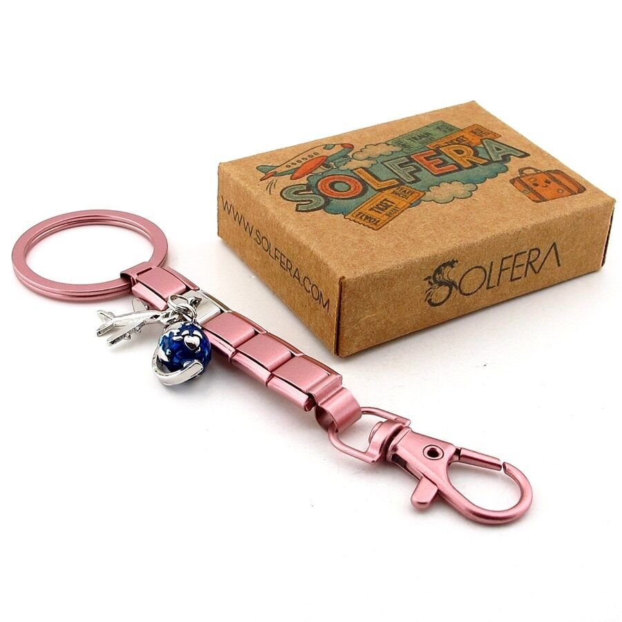 Uçak Dünya Küre Seyahat Tatil Pembe Çelik Charm Çanta Süsü Anahtarlık KY086