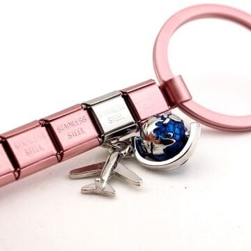 Uçak Dünya Küre Seyahat Tatil Pembe Çelik Charm Çanta Süsü Anahtarlık KY086