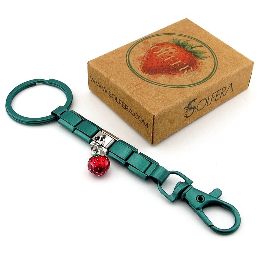 Kırmızı Çilek Meyve Yeşil Paslanmaz Çelik Charm Çanta Süsü Anahtarlık KY106