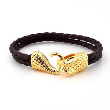 ALTIN KAPLAMA YILAN OUROBOROS DERİ ERKEK BİLEKLİK M005B