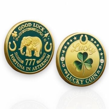 Dört Yapraklı Şans Yonca Fil 777 Bereket Talih Aşk Good Luck Sarı Metal Para CP075