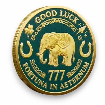 Dört Yapraklı Şans Yonca Fil 777 Bereket Talih Aşk Good Luck Sarı Metal Para CP075