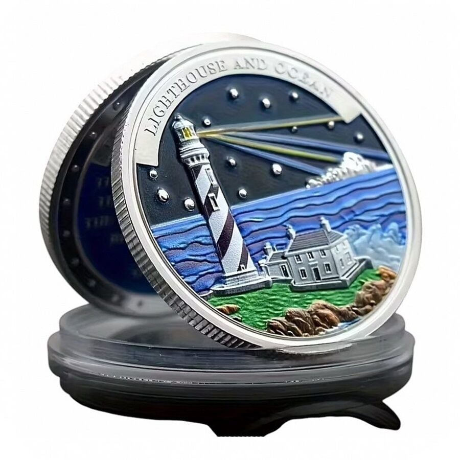 Deniz Feneri ve Okyanus Yol Gösterici İyi Şans Parası Işık Yolu Metal Coin Gri CP076