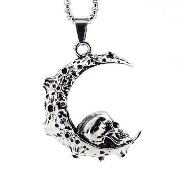 Ay İçerisindeki Kurukafa Gotik Paslanmaz Çelik Erkek Kolye Q0669