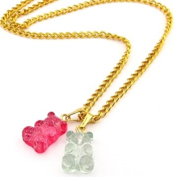 JELİBON SİMLİ AYICIK PEMBE YEŞİL PİRİNÇ ZİNCİR KADIN KOLYE Q0399