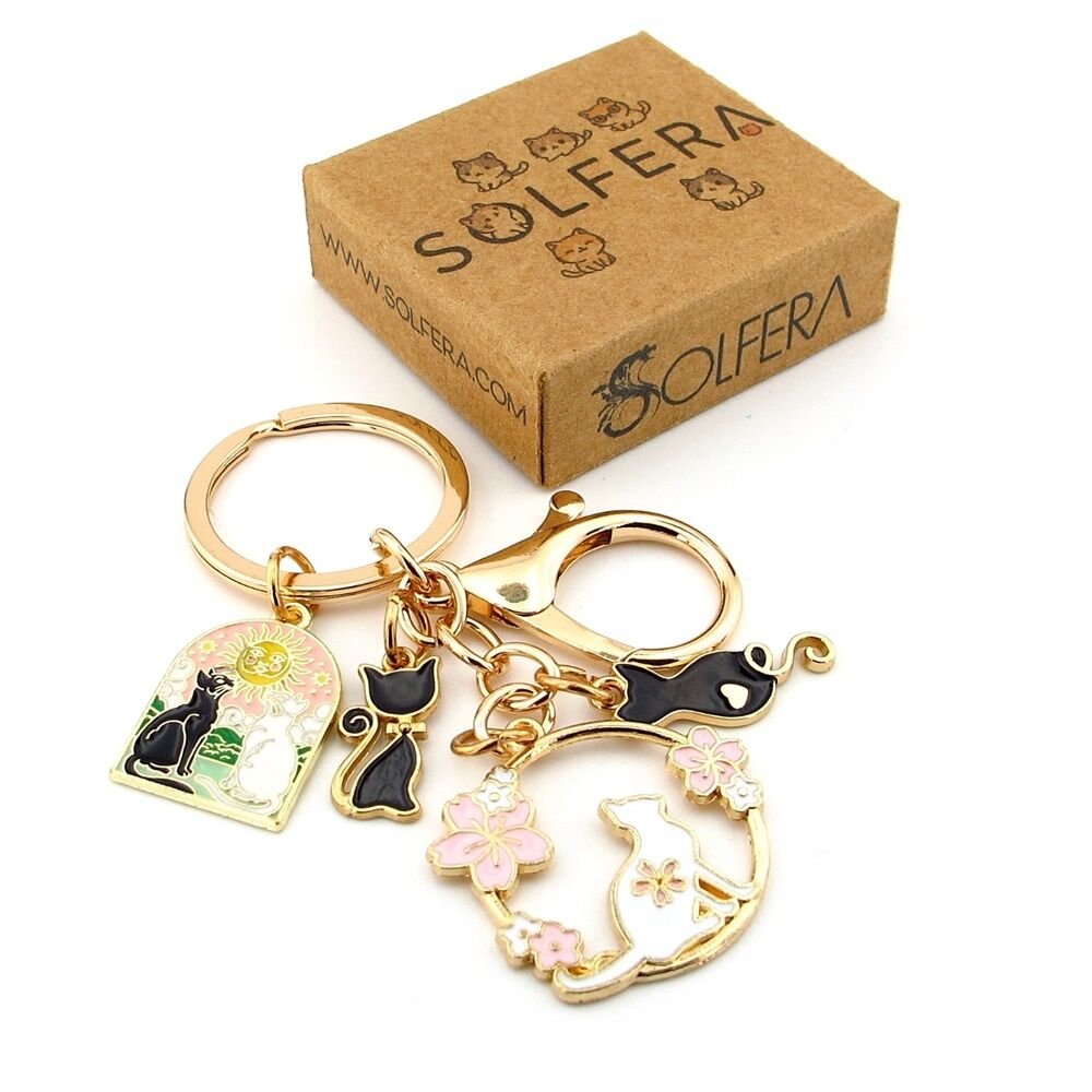 Siyah ve Beyaz Kediler Tarot Güneş Kartı Çanta Süsü Charm Anahtarlık KY138