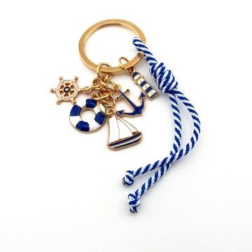 Lacivert Beyaz Marin Denizci Yelkenli Çanta Süsü Charm Metal Anahtarlık KY149