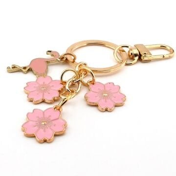 Pembe Flamingo ve Bahar Çiçekleri Çanta Süsü Charm Metal Anahtarlık KY158