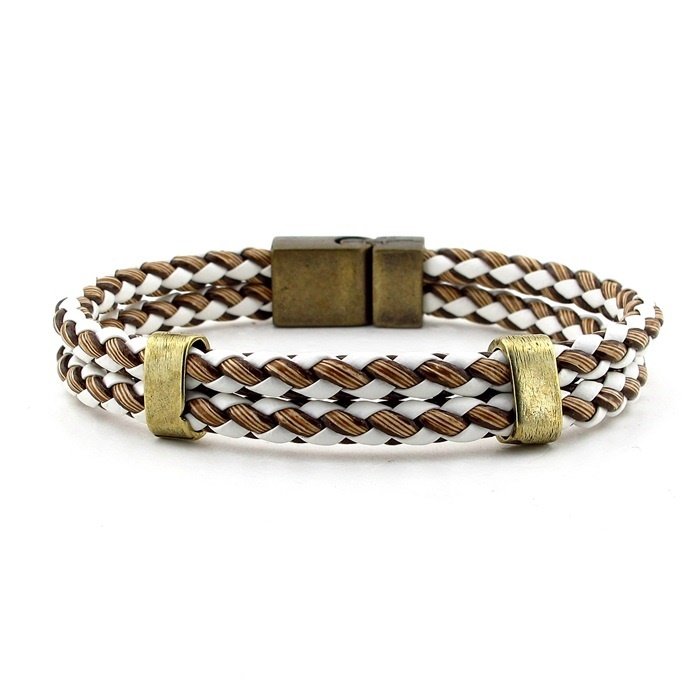 KAHVE BEYAZ ÖRGÜ BRONZ MIKNATISLI DERİ ERKEK BİLEKLİK BT397