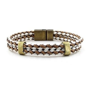 KAHVE BEYAZ ÖRGÜ BRONZ MIKNATISLI DERİ ERKEK BİLEKLİK BT397