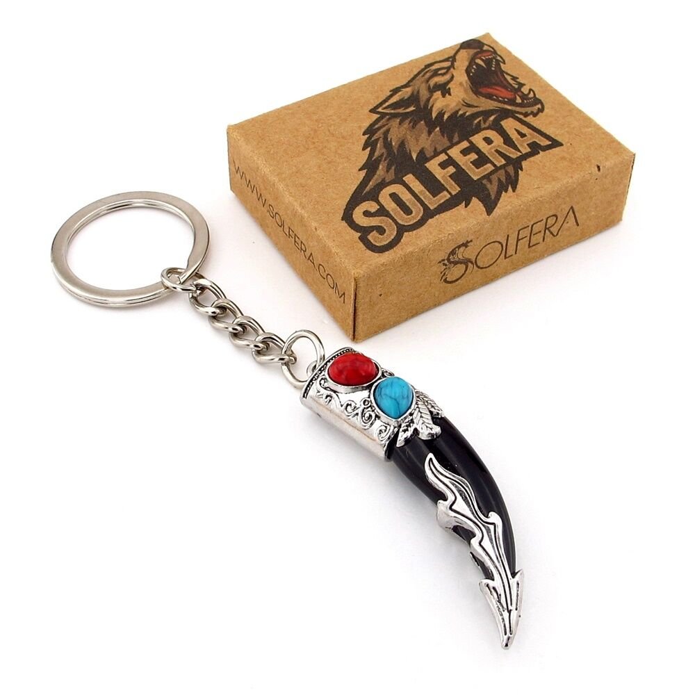 Kurt Dişi Şeklinde Kırmızı Mavi Süsleme Nordik Metal Anahtarlık Siyah KY171