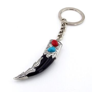 Kurt Dişi Şeklinde Kırmızı Mavi Süsleme Nordik Metal Anahtarlık Siyah KY171