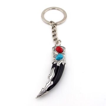 Kurt Dişi Şeklinde Kırmızı Mavi Süsleme Nordik Metal Anahtarlık Siyah KY171