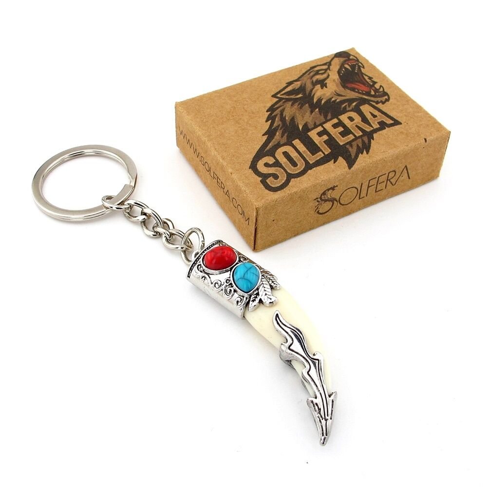 Kurt Dişi Şeklinde Kırmızı Mavi Süsleme Nordik Metal Anahtarlık Beyaz KY172