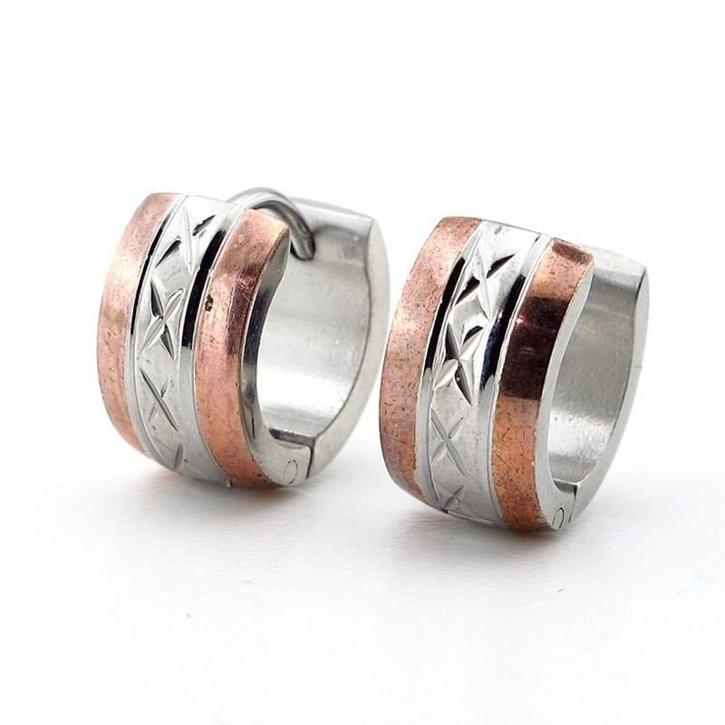 Çapraz Desen Bronz Gümüş Renk Paslanmaz Çelik Kadın Erkek Halka Küpe ER053