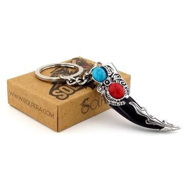 Kurt Dişi Şeklinde Kırmızı Mavi Süslü Kabartma Nordik Metal Anahtarlık Siyah KY175
