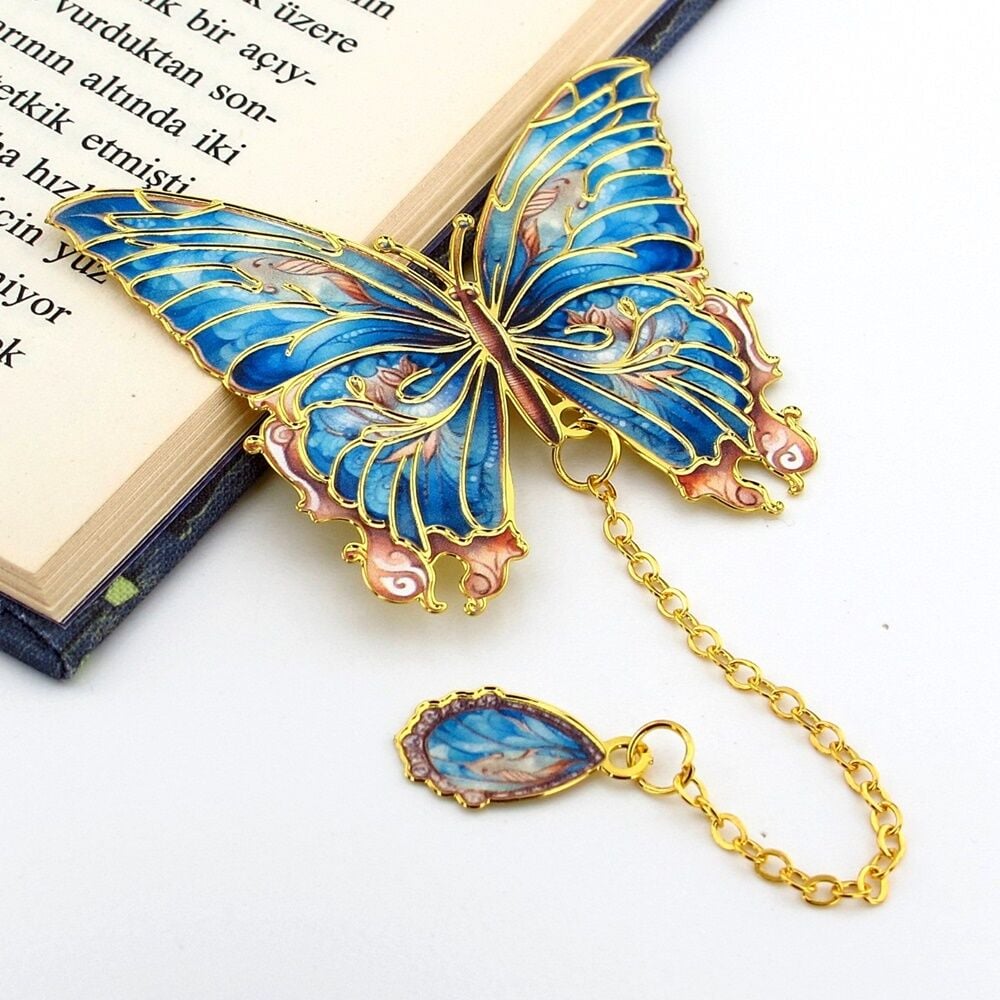 Mavi Turkuaz Renkler Kelebek Altın Rengi Metal Kitap Ayracı Zincirli AY098