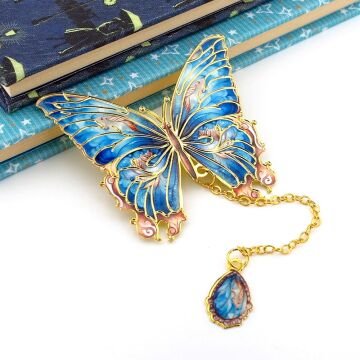 Mavi Turkuaz Renkler Kelebek Altın Rengi Metal Kitap Ayracı Zincirli AY098