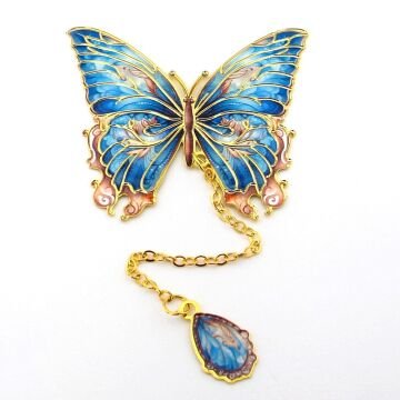 Mavi Turkuaz Renkler Kelebek Altın Rengi Metal Kitap Ayracı Zincirli AY098