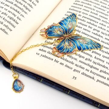 Mavi Turkuaz Renkler Kelebek Altın Rengi Metal Kitap Ayracı Zincirli AY098