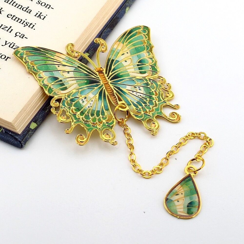 Yeşil Sarı Renkler Kelebek Altın Rengi Metal Kitap Ayracı Zincirli AY099