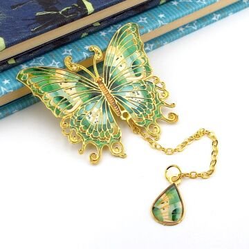 Yeşil Sarı Renkler Kelebek Altın Rengi Metal Kitap Ayracı Zincirli AY099