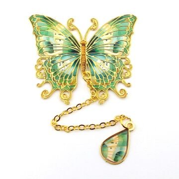 Yeşil Sarı Renkler Kelebek Altın Rengi Metal Kitap Ayracı Zincirli AY099