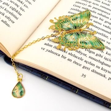 Yeşil Sarı Renkler Kelebek Altın Rengi Metal Kitap Ayracı Zincirli AY099