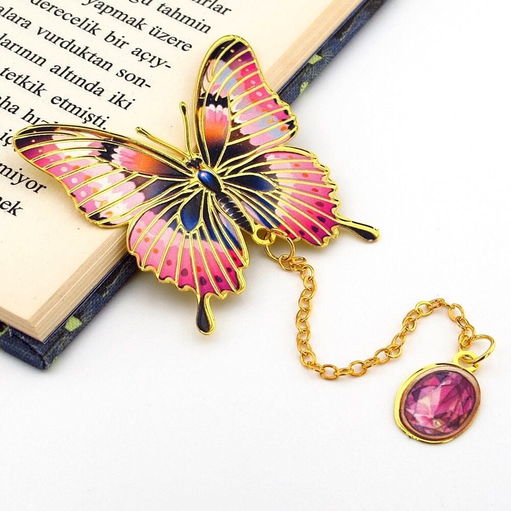 Canlı Pembe Renkler Kelebek Altın Rengi Metal Kitap Ayracı Zincirli AY100