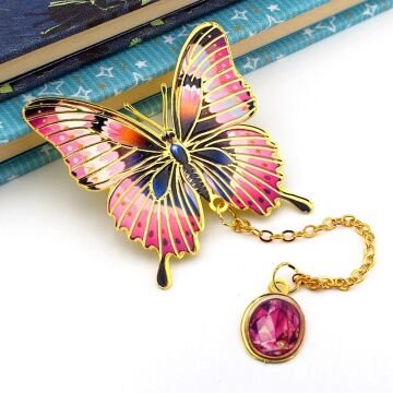 Canlı Pembe Renkler Kelebek Altın Rengi Metal Kitap Ayracı Zincirli AY100