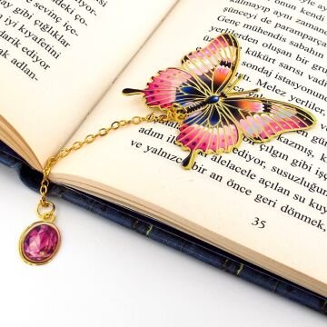 Canlı Pembe Renkler Kelebek Altın Rengi Metal Kitap Ayracı Zincirli AY100