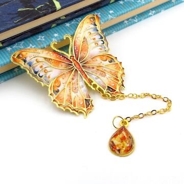 Turuncu Renkli Kelebek Altın Rengi Metal Kitap Ayracı Zincirli AY101
