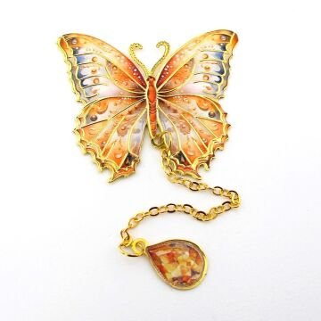 Turuncu Renkli Kelebek Altın Rengi Metal Kitap Ayracı Zincirli AY101
