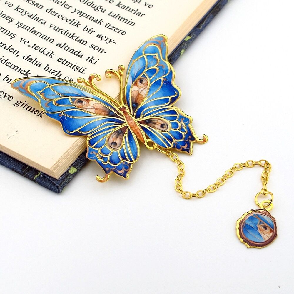 Mavi Lacivert Renkler Kelebek Altın Rengi Metal Kitap Ayracı Zincirli AY102