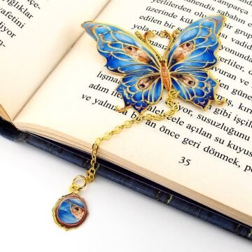 Mavi Lacivert Renkler Kelebek Altın Rengi Metal Kitap Ayracı Zincirli AY102