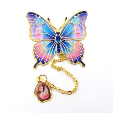 Pembe Mavi Renkler Kelebek Altın Rengi Metal Kitap Ayracı Zincirli AY103