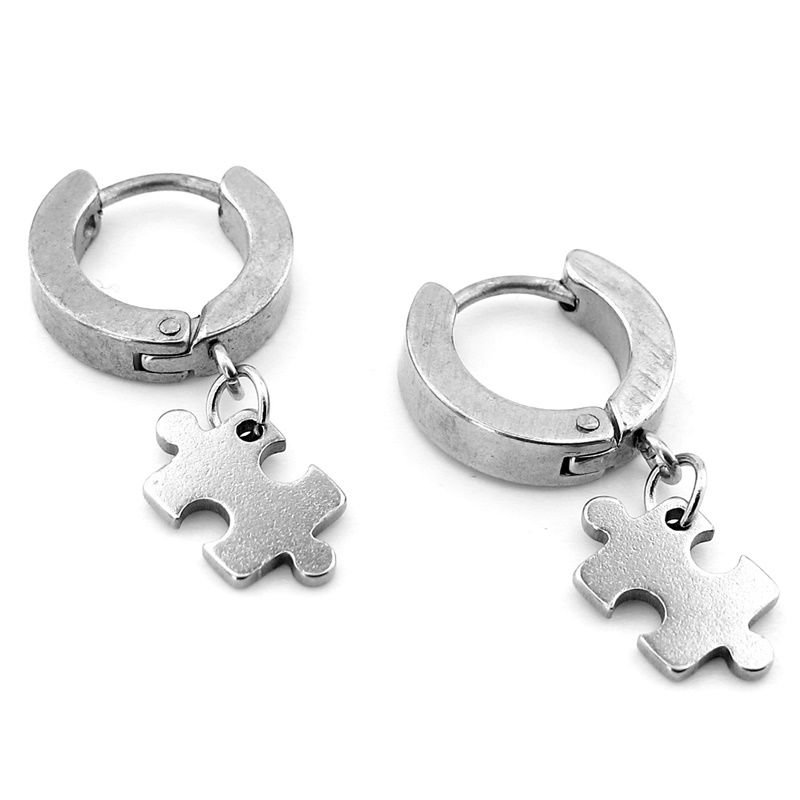 Puzzle Sallantılı Gümüş Renk Paslanmaz Çelik Halka Erkek Küpe ER066