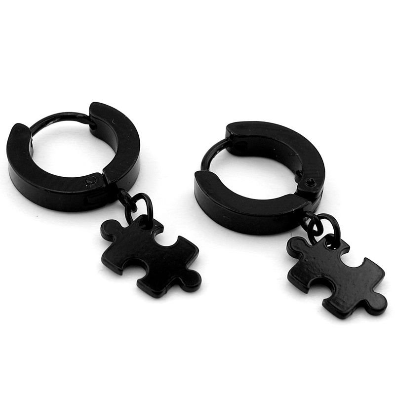 Puzzle Sallantılı Siyah Renk Paslanmaz Çelik Halka Erkek Küpe ER067