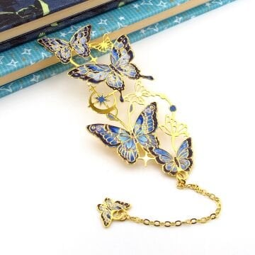 Mavi Tonlu Kelebekler Altın Rengi Metal Kitap Ayracı Zincirli Ayraç AY109