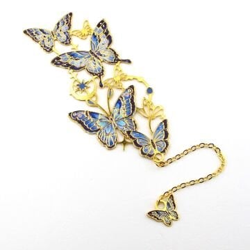 Mavi Tonlu Kelebekler Altın Rengi Metal Kitap Ayracı Zincirli Ayraç AY109