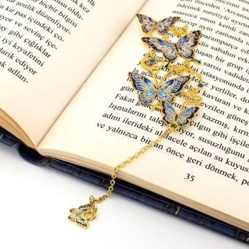 Mavi Tonlu Kelebekler Altın Rengi Metal Kitap Ayracı Zincirli Ayraç AY109