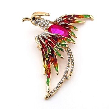 Zümrüdü Anka Kuşu Phoenix Pembe Taşlı Renkli Zirkon Yaka Süsü Broş RZ309